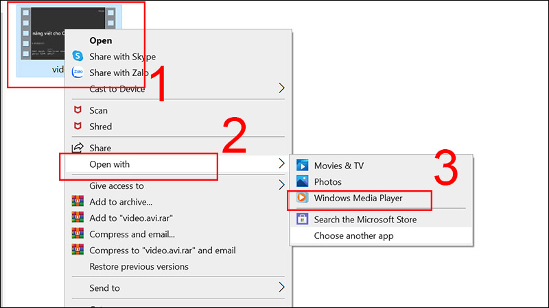 Nhấn vào video cần mở và Open với phần mềm bạn muốn